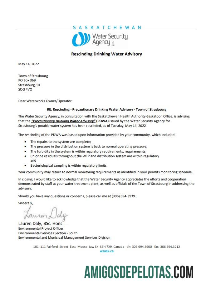 Canadá Saskatchewan Estrasburgo Agência de Segurança Hídrica Aviso de desligamento de concessionária de água amostra